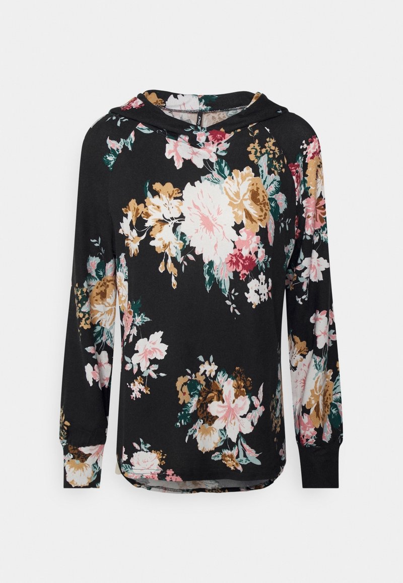 Svart långärmad hoodie i tyg, med ett blommönster i rosa, vitt och guld. Inkluderar en framficka och en avslappnad passform.