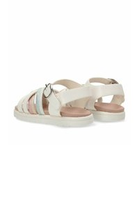Sandalias blancas que presentan múltiples diseños de tiras con acentos en colores pastel, una hebilla redonda y una suela texturizada. Material suave y diseño minimalista.