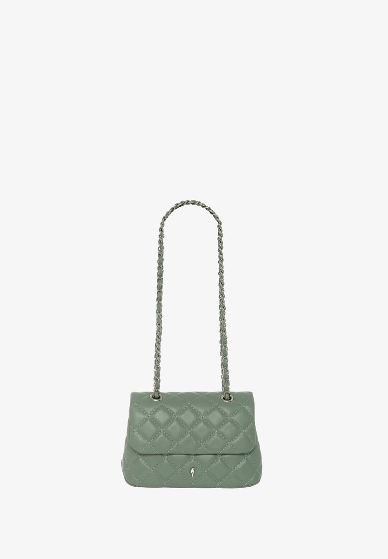 Kwiatowy zielony torebka z imitacji skóry z pikowaniem, o prostokątnym kształcie, z klapą zamykaną na zatrzask, oraz z detalem z emblematem z przodu.