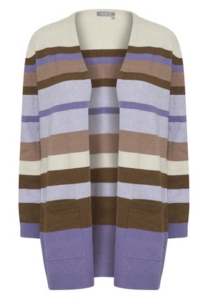 Prugasti kardigan u bež, smeđoj, ljubičastoj i lavandi. Dizajn bez kopčanja s dva prednja džepa. Mekani pleteni materijal, srednje dužine.