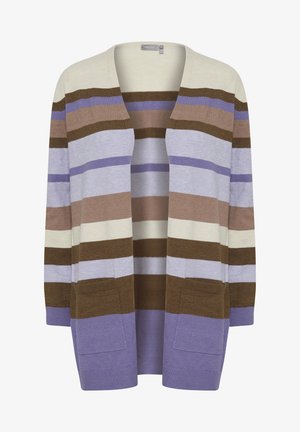 Prugasti kardigan u bež, smeđoj, ljubičastoj i lavandi. Dizajn bez kopčanja s dva prednja džepa. Mekani pleteni materijal, srednje dužine.