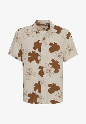 Kortärmad skjorta med knappar i beige, prydd med bruna hibiskusblommor. Tillverkad av lättviktig tyg med en avslappnad passform.