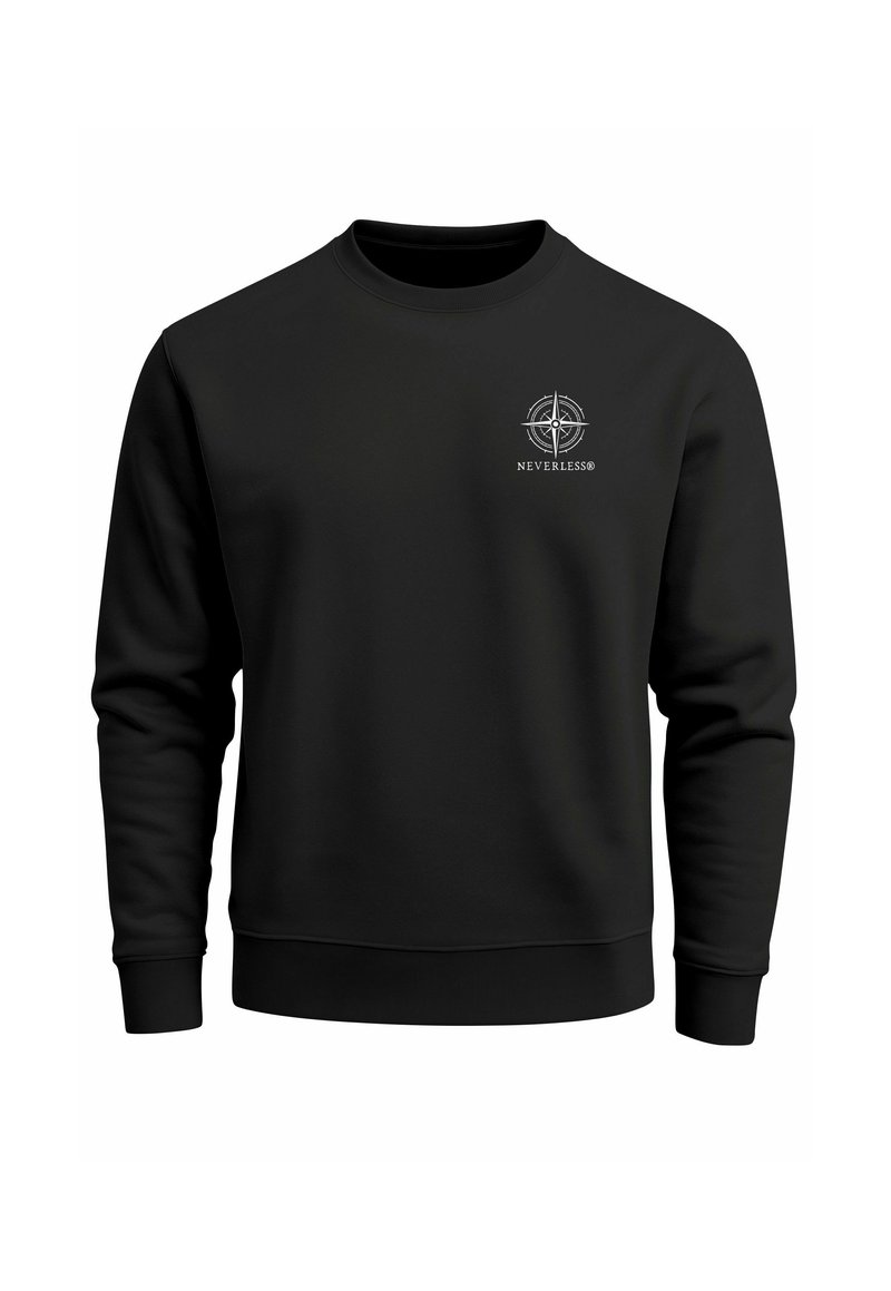 Schwarzer Sweatshirt mit rundem Ausschnitt und langen Ärmeln. Enthält eine silberne Kompass-Grafik mit dem "NEVERLESS"-Logo auf der Brust.
