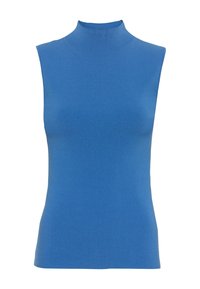Ärmlös topp med hög hals i klarblått, ribbad textur, figurnära design och mjukt tyg. Inga synliga stängningar eller prydnader.