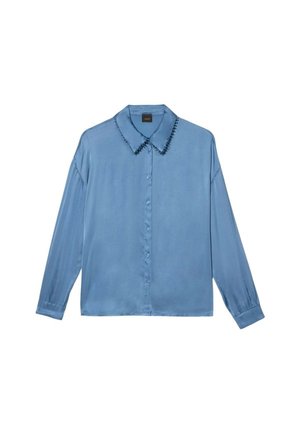 Himmelblaues Langarmshirt mit durchgehender Knopfleiste, ausgestattet mit einem klassischen Kragen, der mit einem strukturierten Besatz verziert ist. Hergestellt aus einem glatten Stoff.