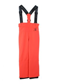 Pantalons de neige orange vif en matériau imperméable, dotés de bretelles noires réglables avec marquage et d'un ourlet resserré pour plus de chaleur.