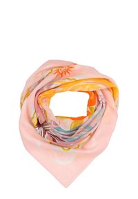 Foulard quadrato in seta rosa pastello, con motivi floreali e di sole multicolore. Texture morbida con una sensazione leggera e ariosa.