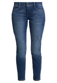 Tunna jeans i medelblå denim, med femfickorsdesign, lätt blekning över låren och en dragkedja med en bronsefärgad knappstängning.