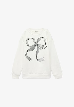 Sweat-shirt blanc avec un motif noir d'un nœud et le texte « GOOD AND POSITIVE ». Tissu doux avec poignets et ourlet côtelés.