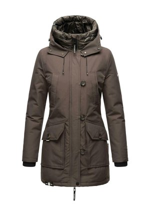 Brown women's parka with a quilted inner hood, button closure, two front pockets, and ribbed cuffs, featuring adjustable drawstrings.