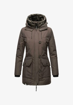 Parka marrone da donna con cappuccio interno trapuntato, chiusura con bottoni, due tasche frontali e polsini a coste, dotata di lacci regolabili.