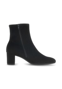 Botas negras hasta el tobillo, hechas de un material suave, con una cremallera lateral, punta afilada y un tacón cuadrado grueso. Textura suave con un diseño minimalista.