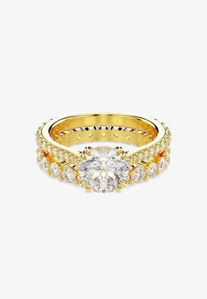 Goldener Ring mit einem großen, zentralen runden Diamanten und kleineren, runden Diamanten, die beidseitig entlang des Rings gefasst sind.