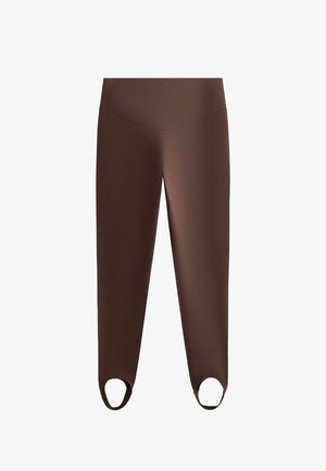 Bruine legging met hoge taille en voetbandjes bij de enkels, ontworpen voor een nauwsluitende sportieve pasvorm.
