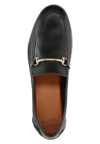 Black leather loafer with a smooth finish, rounded toe, and a gold-tone metal bar accent across the front. Tan insole visible.