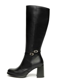 Schwarze knöchelhohe Stiefel aus glattem Leder, mit einem klobigen Absatz, einem Knöchelriemen mit kleinen goldenen Schnallen und einem eleganten Design.