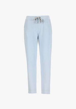 Hellblaue Freizeithose mit Kordelzug am Bund und geraden Beinen, ausgestattet mit seitlichen Taschen und gesteppten Säumen.