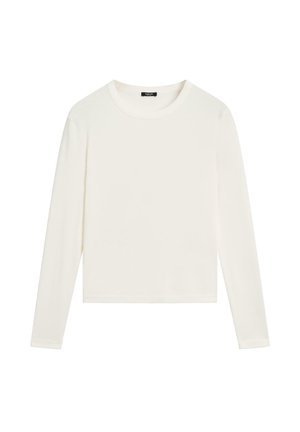 Langärmliges Oberteil aus cremefarbenem, leichtem Stoff. Verfügt über einen runden Ausschnitt und ein schlichtes, tailliertes Design ohne weitere Muster oder Akzente.