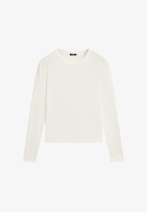 Langärmliges Oberteil aus cremefarbenem, leichtem Stoff. Verfügt über einen runden Ausschnitt und ein schlichtes, tailliertes Design ohne weitere Muster oder Akzente.