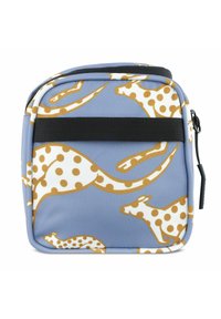 Blauwe rechthoekige tas met een gestructureerde afwerking, voorzien van een bruin-wit girafpatroon en een zwarte ritssluiting.