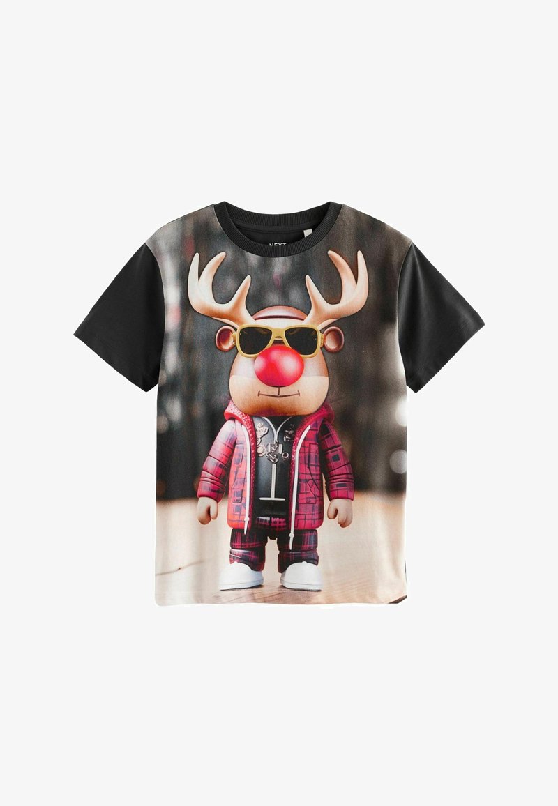 Short-sleeve T-shirt with a black collar, featuring a cartoon reindeer graphic in plaid jacket, sunglasses, and red nose on a light background.