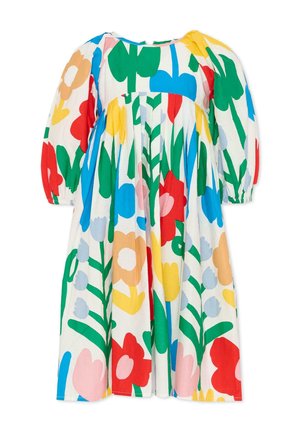 Kinderjurk met lange mouwen, witte achtergrond en kleurrijk oversized bloemenpatroon in rood, geel, blauw, groen, roze en beige.