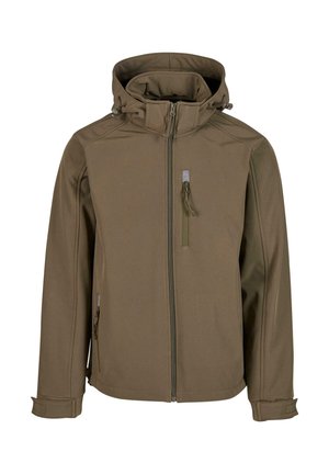 Brown softshell jacket with a fitted hood, zippered front, two side pockets, and an additional chest pocket. Features adjustable cuffs.