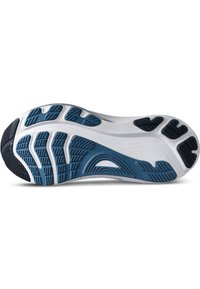 Sole di scarpa con una base bianca, caratterizzata da un motivo di battistrada in gomma texturizzata blu scuro e nera per una migliore aderenza e durata.