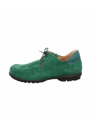 Green suede shoe with a rounded toe, lace-up front, and black rubber sole. Features tonal accents and a smooth inner lining.