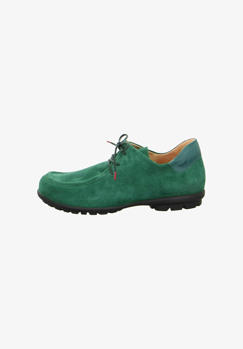 Green suede shoe with a rounded toe, lace-up front, and black rubber sole. Features tonal accents and a smooth inner lining.