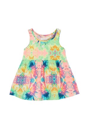 Ærmeløs kjole lavet af bomuld med tie-dye mønster i pink, grøn, blå og gul. Udsvinget nederdel med rund halsudskæring og levende farver.