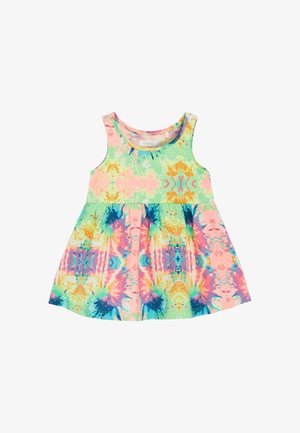 Robe sans manches en coton avec un motif tie-dye en rose, vert, bleu et jaune. Jupe évasée avec un col rond et des couleurs vives.