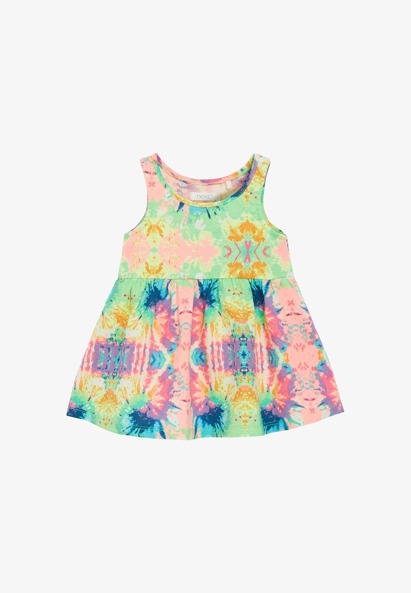 Robe sans manches en coton avec un motif tie-dye en rose, vert, bleu et jaune. Jupe évasée avec un col rond et des couleurs vives.