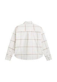 Camicia bianca a maniche lunghe con motivo a griglia marrone, colletto button-down e una piega sulretro. Tessuto leggero e morbido con polsini standard.