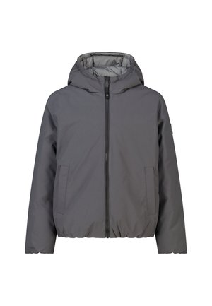 Donkergrijze winterjas met capuchon, ritssluiting aan de voorkant en twee zijzakken, ontworpen voor warmte en bescherming tegen koude weersomstandigheden.