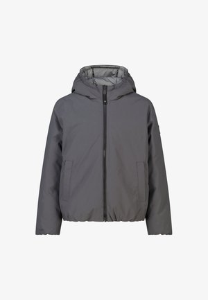 Donkergrijze winterjas met capuchon, ritssluiting aan de voorkant en twee zijzakken, ontworpen voor warmte en bescherming tegen koude weersomstandigheden.