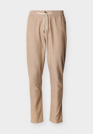 Beige casual pants with elastic waistband, button, and white drawstring, straight fit, lightweight fabric.