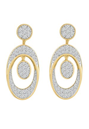 Pendientes ovalados de oro y plata con pequeñas piedras preciosas transparentes incrustadas en patrones circulares y ovalados.