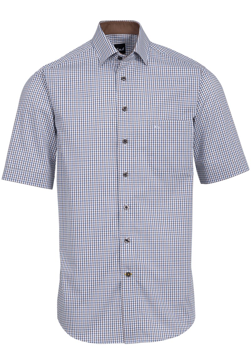 Camicia a maniche corte con bottoni, caratterizzata da un motivo a quadri blu e bianchi, una tasca sul petto e dettagli marroni sul colletto.