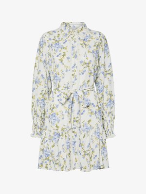 Floral dress in white with blue and green flowers, featuring a collar, button-down front, long sleeves with elastic cuffs, and a waist tie.