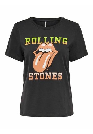 Czarna koszulka z krótkim rękawem z grafiką dużego brzoskwiniowego języka i warg, z napisem "ROLLING" powyżej i "STONES" poniżej w gradientowym tekście od żółtego do brzoskwiniowego.