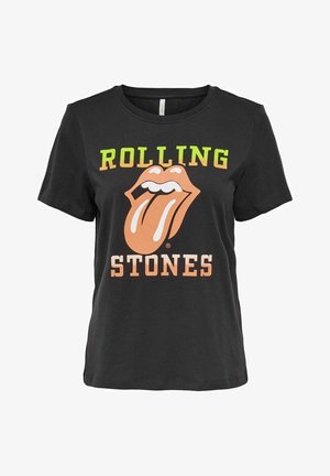 T-shirt noir à manches courtes avec un graphique d'une grande langue de pêche et de lèvres, avec "ROLLING" au-dessus et "STONES" en dessous dans un texte dégradé allant du jaune au pêche.