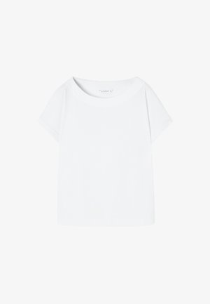 Biała, krótko rękawowa koszulka wykonana z miękkiej bawełny. Posiada okrągły dekolt i luźny krój z prostymi, czystymi liniami.