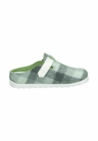 Gray and green checked felt clogs with a white strap, featuring a textured surface and a white rubber sole. Open back design.