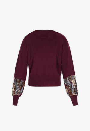Suéter burdeos corto con cuello y puños acanalados, con detalles de lentejuelas en patrones dorados, plateados y multicolores en las mangas.