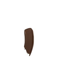 Traînée de peinture texturée marron foncé avec une finition lisse, présentant un léger éclat et un bord légèrement irrégulier, sur un fond blanc.