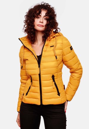 Yellow puffer jacket with horizontal quilting, front zipper, and drawstring hood. Features two angled zippered pockets and black accents.