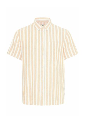 Lühikeste varrukatega nupuga särk heledast virsiku värvi, millel on valged vertikaalsed triibud, esitades tasku ja kraega kaeluse. Pehme, tekstureeritud kangas.