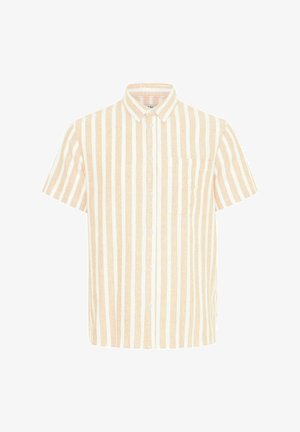 Lühikeste varrukatega nupuga särk heledast virsiku värvi, millel on valged vertikaalsed triibud, esitades tasku ja kraega kaeluse. Pehme, tekstureeritud kangas.