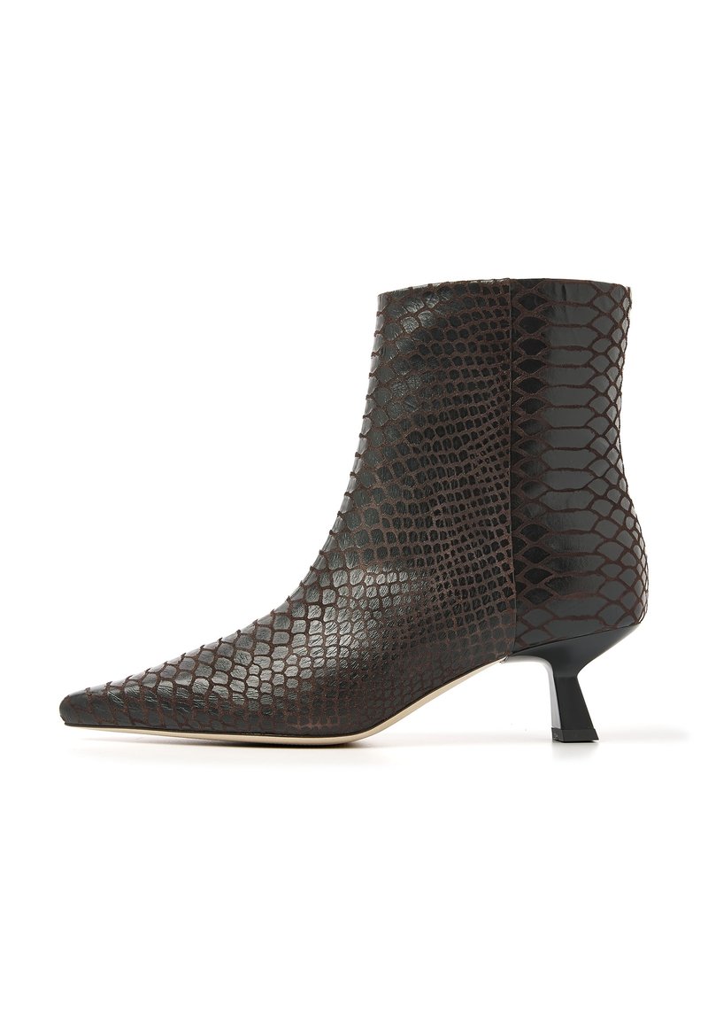 Brown leather ankle boot with a pointed toe, features a textured snake-skin pattern, short heel, and sleek silhouette.